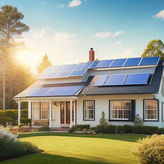 A serene suburban home with a mix of sunlight and shadows, featuring a sleek solar panel array on the rooftop, surrounded by lush greenery and a bright blue sky with a few puffy white clouds.