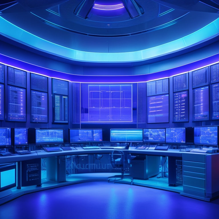 A futuristic control room with sleek, silver panels lined with glowing blue circuits, amidst a backdrop of dark blues and purples, with holographic screens displaying real-time system metrics.