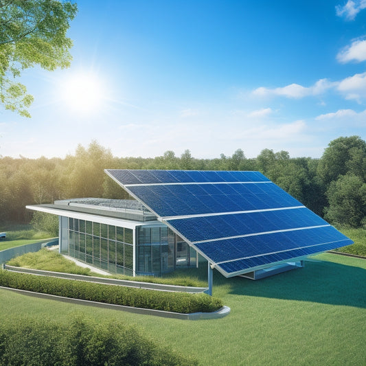 A serene, modern office building with sleek, silver solar panels seamlessly integrated into its rooftop, surrounded by lush greenery and a bright blue sky with a few wispy clouds.