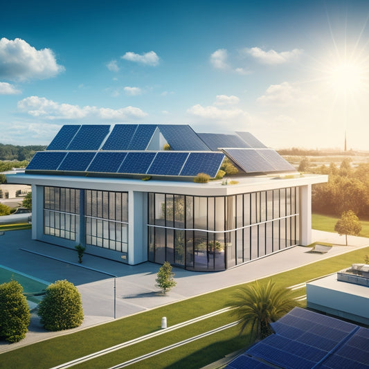 A futuristic illustration of a house and office building with solar panels on rooftops, connected to sleek battery systems and inverters, surrounded by sleek lines and modern architecture, set against a bright blue sky.