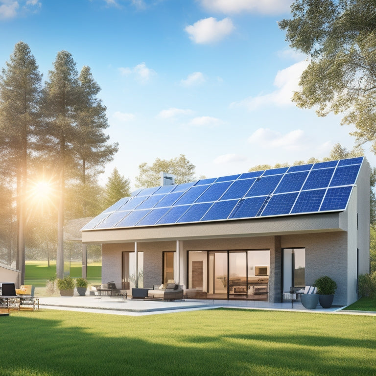 An illustration of a modern home with solar panels on the roof, surrounded by laptop screens displaying various online financing platforms, with a subtle background of a sunny sky and green trees.