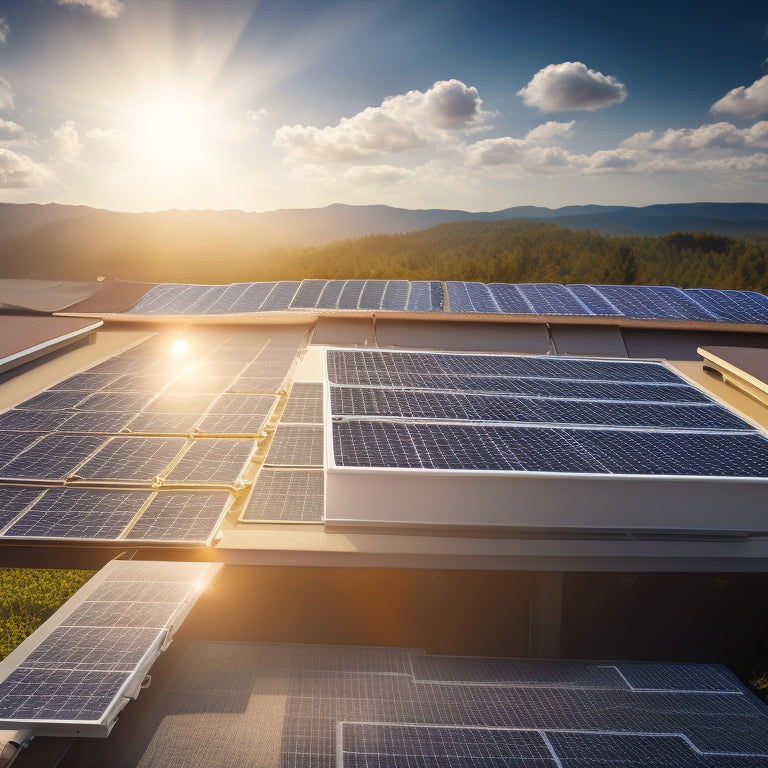 An illustration of a solar panel installation on a rooftop, with 7 interconnected gears or puzzle pieces surrounding it, each piece featuring a distinct symbol (e.g. a house, a dollar sign, a sun).