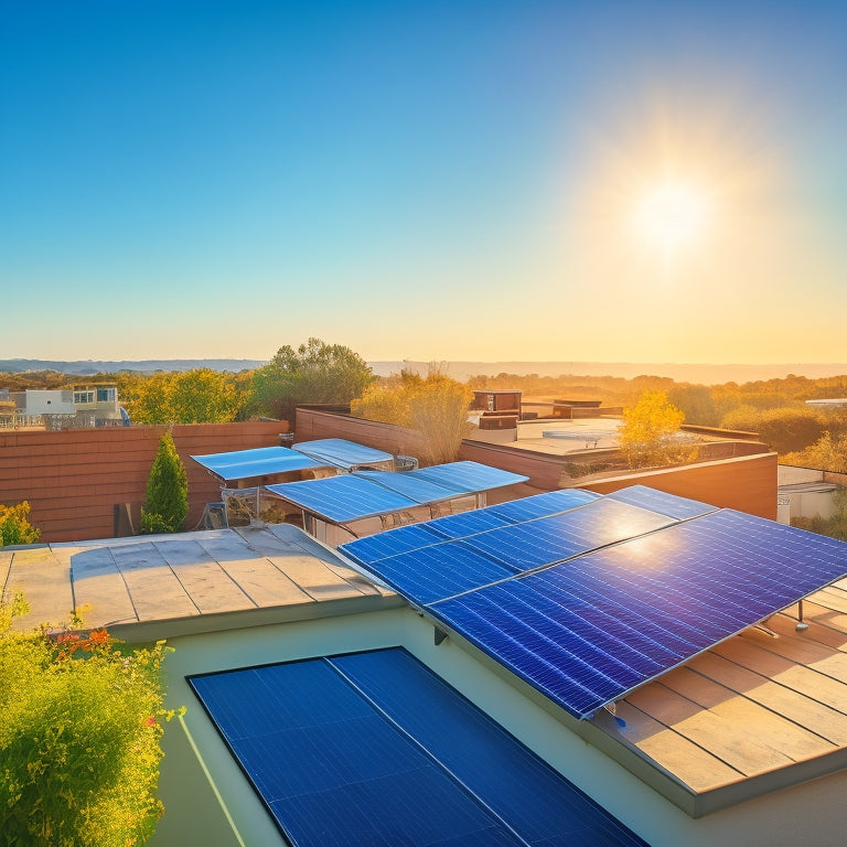 A serene residential rooftop with a sleek solar panel array, accompanied by a modern energy storage system featuring sleek, compact batteries, amidst a backdrop of a sunny blue sky.