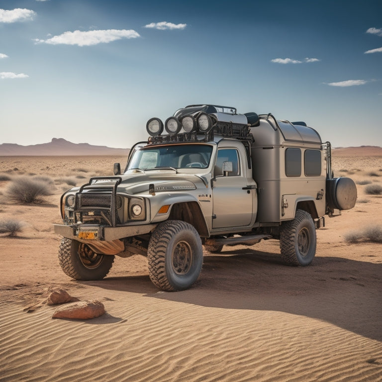 A rugged, dusty 4x4 truck parked in front of a vast, open desert landscape, surrounded by scattered off-road gear, including helmets, gloves, and a first-aid kit.