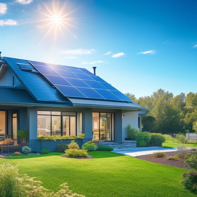 A serene suburban home with sleek, black solar panels installed on a sloping roof, surrounded by lush greenery, under a bright blue sky with a few wispy white clouds.