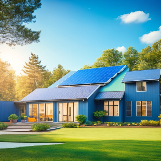 A serene suburban home with a sleek, modern roof, featuring a grid of high-efficiency solar panels in shades of dark blue and silver, surrounded by lush greenery and a clear blue sky.