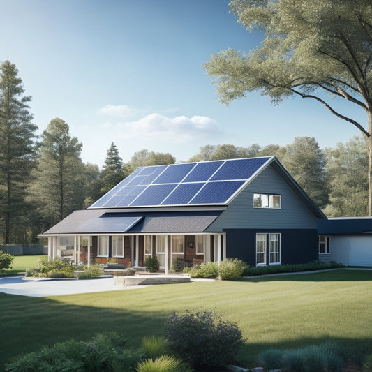 A serene suburban home with a sloping roof, partially covered in sleek black solar panels, against a bright blue sky with a few wispy white clouds, surrounded by lush green trees.