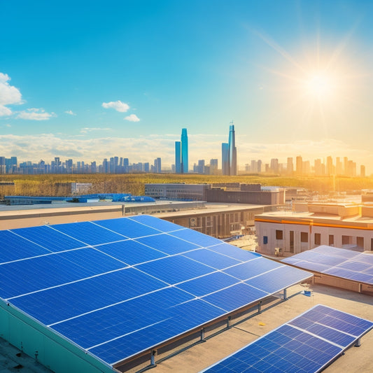 An illustration of a commercial building with solar panels on the roof, a battery storage unit in the background, and a cityscape with a bright blue sky, featuring a subtle grid of energy transmission lines.