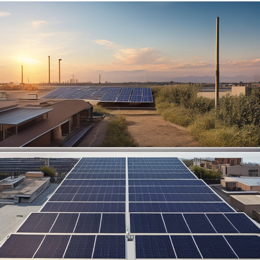 An illustration of a solar panel installation on a rooftop, with a split-screen comparison of a polluted industrial landscape versus a serene natural environment, featuring a subtle scale or graph in the background.