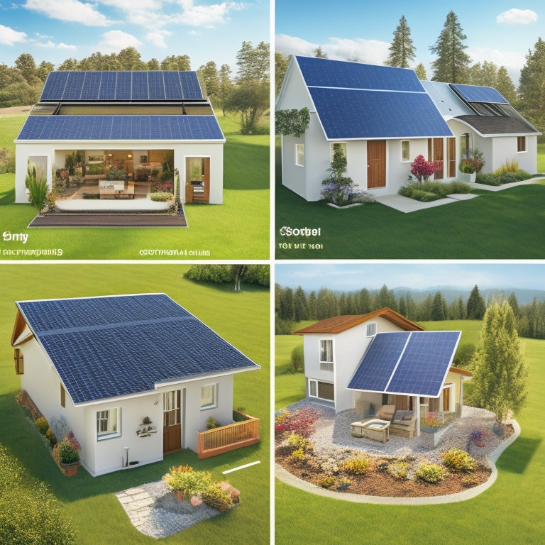 A sunny backyard with 5 identical houses, each with a unique solar panel setup: one with panels on the roof, one with panels on the garage, one with a solar carport, one with a tracking system, and one with a battery storage unit.