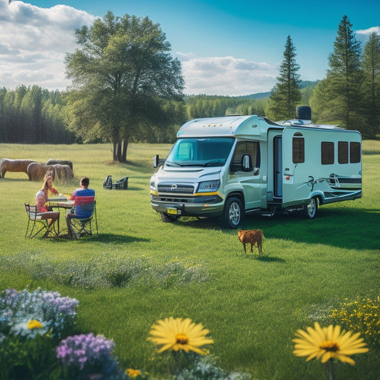 A serene RV parked in a sunny meadow, with a person in the background carefully spraying a hose on the solar panels mounted on the RV's roof, surrounded by lush greenery and a few scattered cleaning tools.