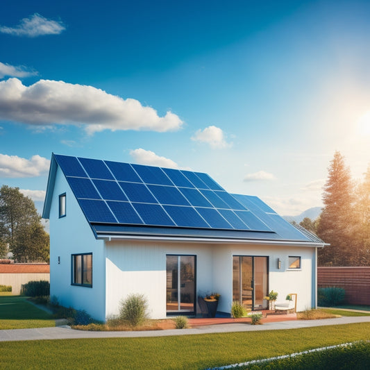 A sunny blue sky with fluffy white clouds, a small modern house with a sleek black solar panel array on the roof, and a subtle grid of circuit lines connecting the panels in the foreground.