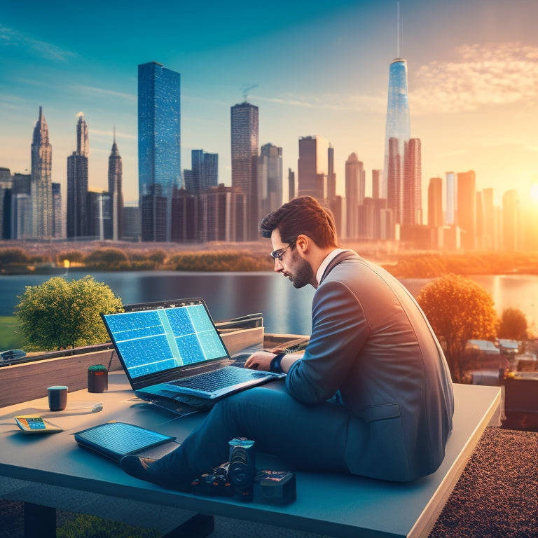 A stylized illustration of a person in front of a laptop, surrounded by solar panels and electric vehicle components, with a subtle cityscape in the background, conveying a sense of eco-friendly innovation.