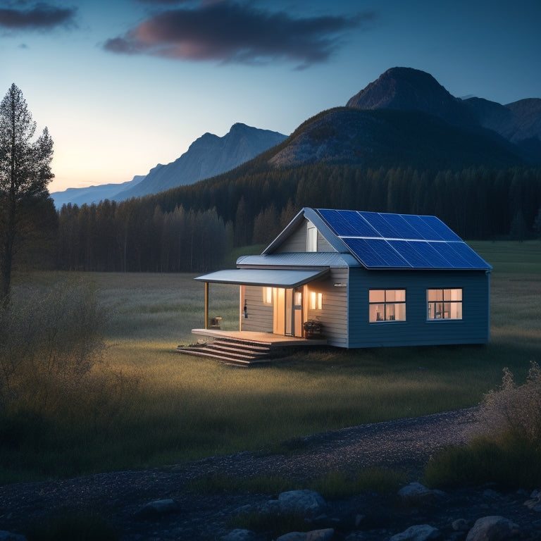 A serene, rural landscape with a small, modern cabin in the background, featuring a solar panel array on the roof, connected to a sleek, silver battery bank with glowing blue LED lights.