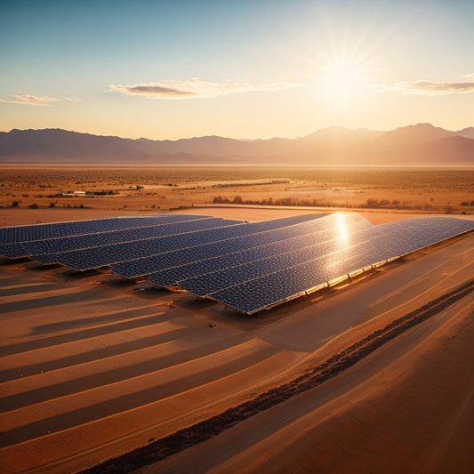 A serene landscape with a vast, sun-kissed desert in the background, featuring a sprawling solar farm with rows of sleek, black photovoltaic panels angled towards the sky.