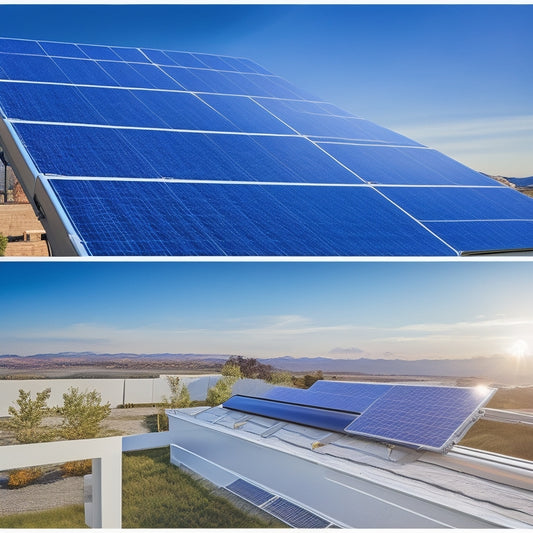 A split-screen image featuring a residential rooftop with installed solar panels on one side, and a sleek, modern battery storage system on the other, set against a bright blue sky.