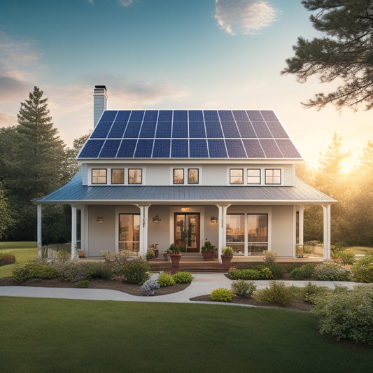 A serene suburban home with solar panels installed on the roof, surrounded by lush greenery, with a bright blue sky and a few fluffy white clouds, and a subtle hint of a sunny glow.