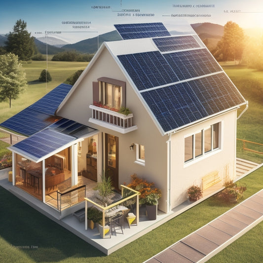 A illustration of a house with solar panels on the roof, surrounded by icons of various essential expenses (e.g. money bags, hammers, electric meters) connected by thin lines and arrows, conveying the breakdown of costs.