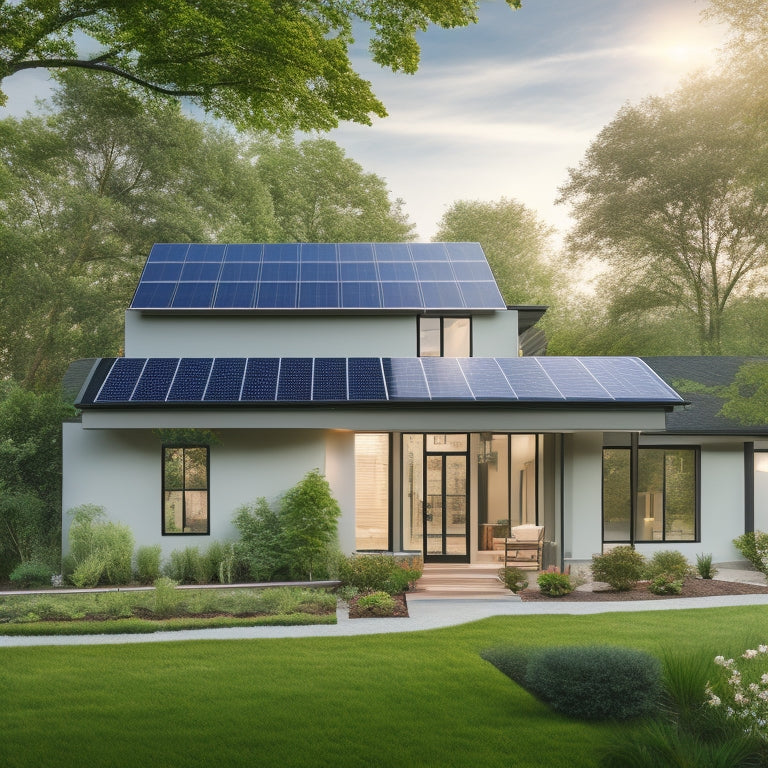 A serene suburban home with a sleek solar panel roof, surrounded by lush greenery, featuring a prominent, modern, and compact energy storage unit in the foreground.