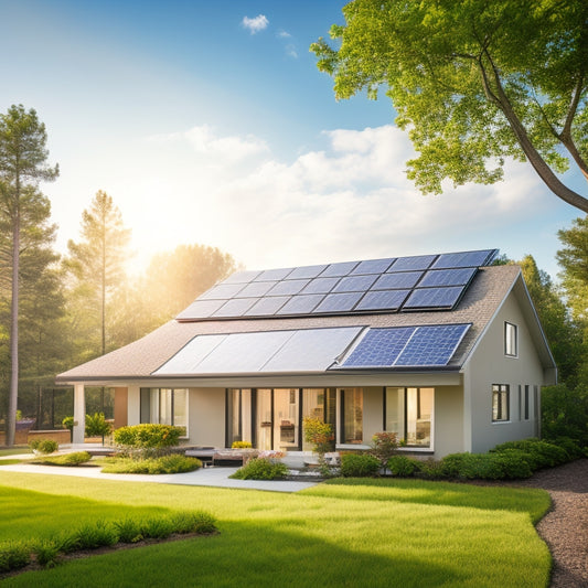 A serene suburban home with a sleek, modern solar panel array on the roof, surrounded by lush greenery and a bright blue sky with a few wispy clouds.