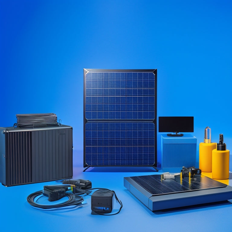 A bright blue background with a subtle gradient, featuring a large, sleek, black solar panel at its center, surrounded by various accessories like cables, inverters, and mounting systems.