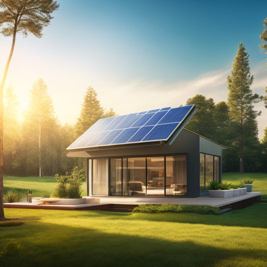 A futuristic home with solar panels on the roof, a sleek battery unit in the background, and a glowing energy meter displaying a decreasing usage graph, surrounded by lush greenery and a sunny sky.