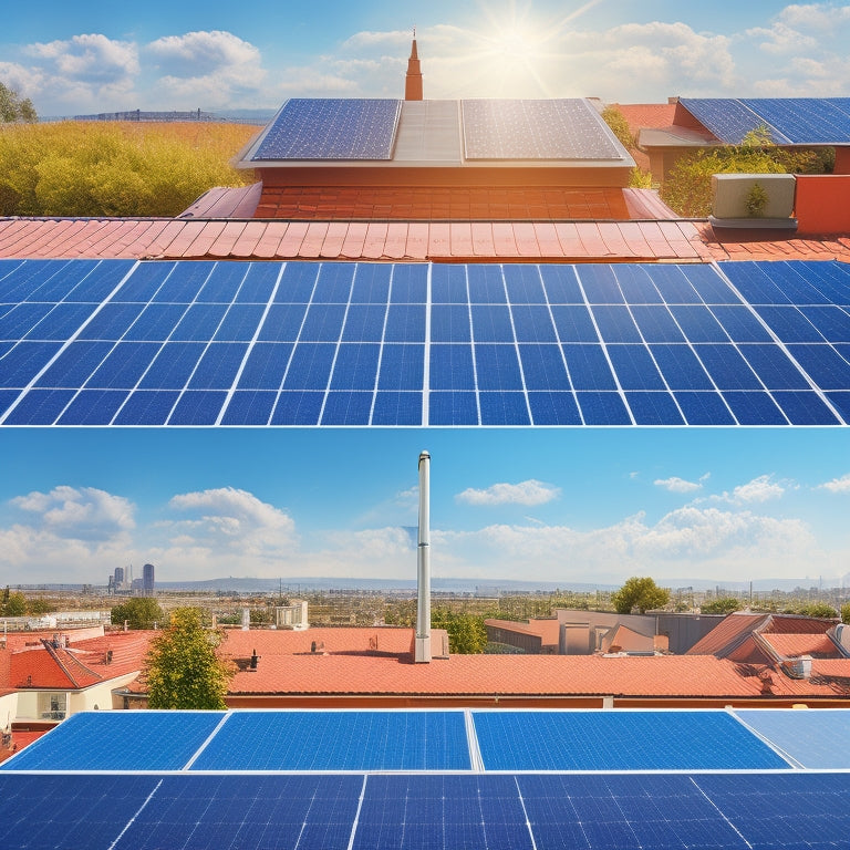 A split-screen image: a rooftop with varying sizes and numbers of solar panels, and a background with illustrations of different roof types, angles, and shading scenarios.