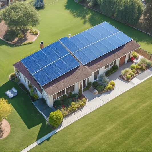 An aerial view of a single-family home with various solar panels installed on the roof, showcasing different brands and models, surrounded by a lush green lawn and a sunny blue sky.