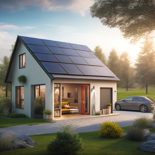 An illustration of a small, modern, eco-friendly home with solar panels on the roof, a wind turbine in the backyard, and a battery storage system in the garage.