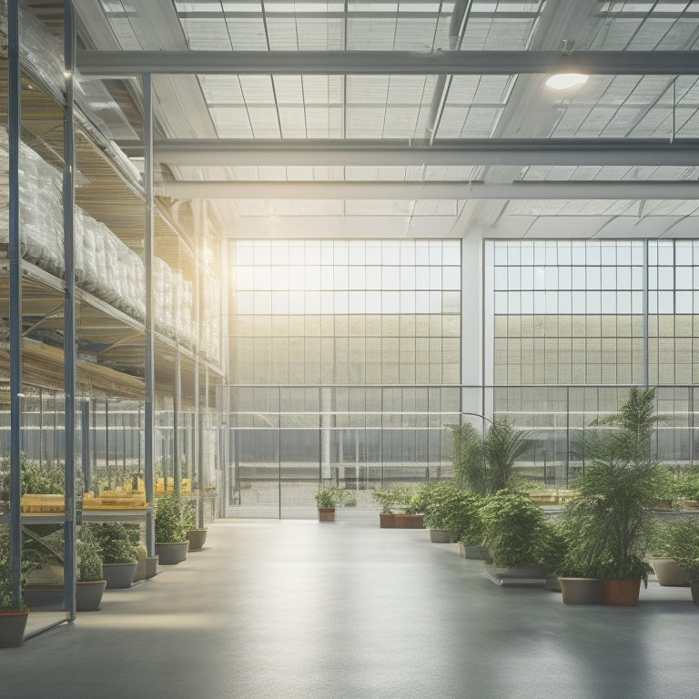 A serene, modern warehouse interior with rows of shelving and minimal machinery, illuminated by large skylights and surrounded by lush greenery, with wind turbines and solar panels visible outside.