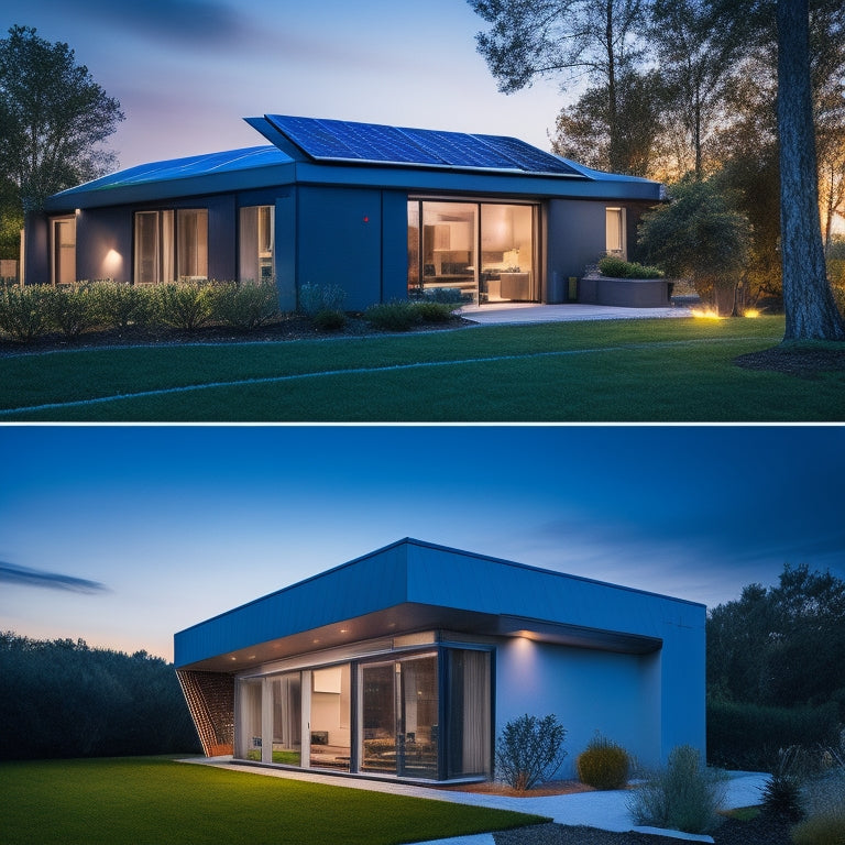 A modern, eco-friendly home with a backyard featuring solar panels, a wind turbine, and a garden, connected to a sleek, futuristic battery storage system with glowing blue lights and sleek metallic lines.