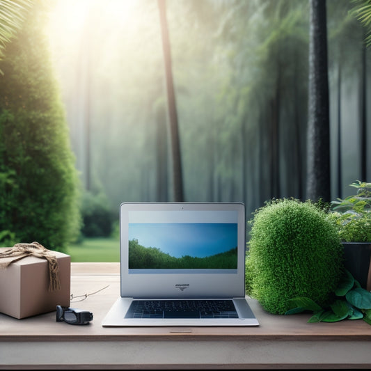 A minimalist illustration featuring a laptop surrounded by lush greenery, with a subtle electric vehicle in the background, and a few eco-friendly product boxes and a recycling symbol nearby.