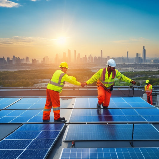 An illustration of a flat roof with a team of two workers in high-visibility vests and hard hats, one holding a solar panel and the other drilling into the roof, with a cityscape in the background.