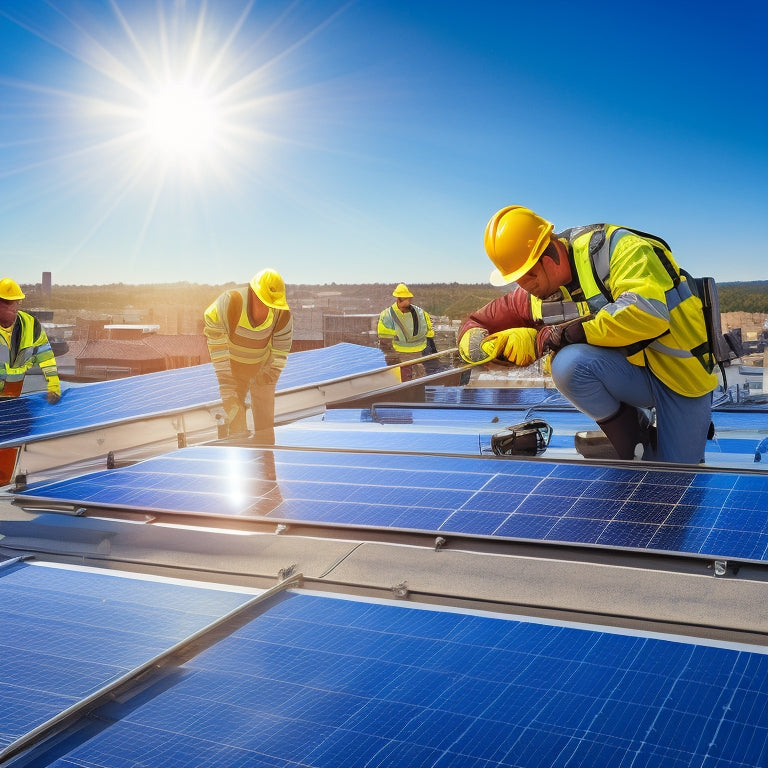 An illustration of a sunny rooftop with solar panels being installed: a worker in a hard hat and gloves holding a panel, another tightening bolts, and a third measuring the roof's angle with a level.