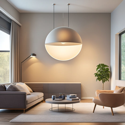 A modern living room with a sleek, minimalist aesthetic, featuring a ceiling with several circular Bluetooth speakers discreetly installed, surrounded by soft, warm lighting and minimalist furniture.