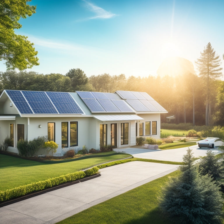 A serene suburban landscape with a modern home featuring a mix of rectangular and triangular solar panels on the roof, surrounded by lush greenery and a clear blue sky.