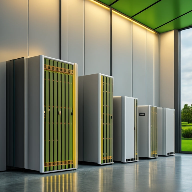 A futuristic, minimalist background with 5-7 sleek, modern battery storage units from different brands, each with distinct design elements, arranged in a staggered formation, surrounded by subtle circuitry patterns.