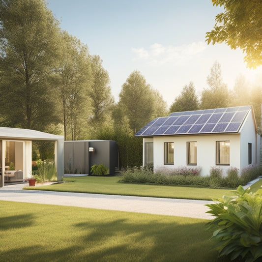 A tranquil backyard with a modern solar panel array on the roof, a sleek battery storage unit beside a outdoor-rated inverter, surrounded by lush greenery and a sunny sky with few clouds.