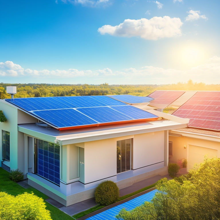 A serene residential rooftop with a compact solar panel array (6-8 panels) amidst lush greenery, surrounded by a few fluffy white clouds, under a bright blue sky with a subtle sunbeam.