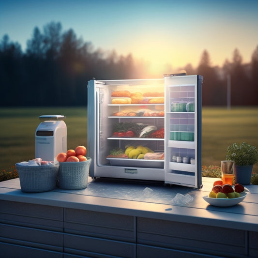 An illustration of a solar-powered freezer in a sunny outdoor setting, surrounded by icy blocks and frozen food, with a subtle glow effect around the freezer to convey efficiency.