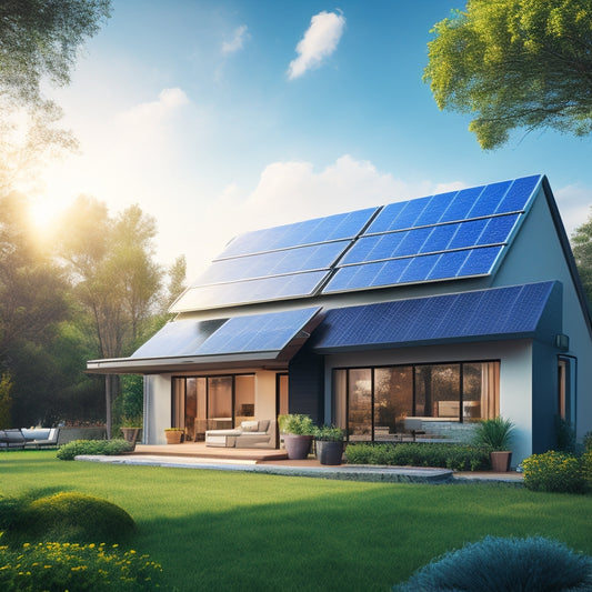 An illustration of a modern home with solar panels on its roof, surrounded by lush greenery, with a bright blue sky and fluffy white clouds, and a subtle glow emanating from the panels.