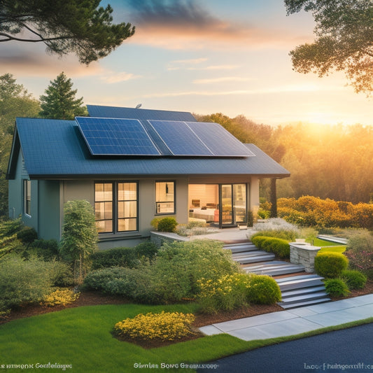 A serene, sun-kissed suburban home with a sleek, black solar panel array on the roof, surrounded by lush greenery, with a subtle, glowing aura and a faint, downward-pointing arrow suggesting savings.