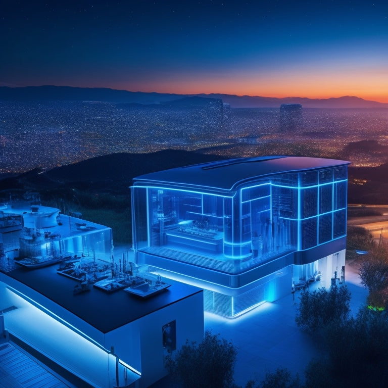 A futuristic, modern smart home with a glowing blue energy grid overlay, showcasing various appliances and devices connected to a central hub, surrounded by a subtle cityscape at dusk.