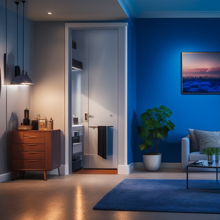 A modern home interior with a sleek, wall-mounted battery backup system, surrounded by a faint glow of soft blue light, amidst a backdrop of a severe thunderstorm outside, with flashes of lightning.