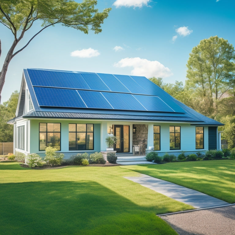 A serene suburban home with a pitched roof, featuring a sleek black solar panel array angled at 30 degrees, surrounded by lush greenery and a bright blue sky with a few wispy clouds.