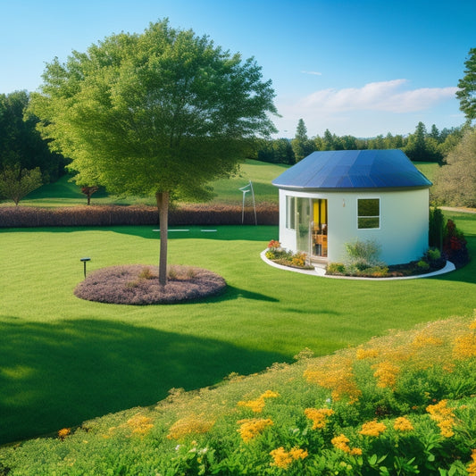 A serene, modern, eco-friendly backyard featuring a small wind turbine, solar panels, and a compact battery storage system, surrounded by lush greenery and a sunny blue sky.