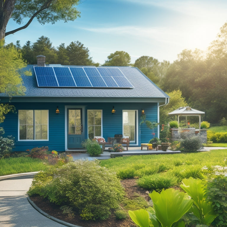 A serene, eco-friendly home with solar panels on the roof, a recycling bin on the porch, and a lush green garden in the foreground, surrounded by a subtle, gradient blue background.