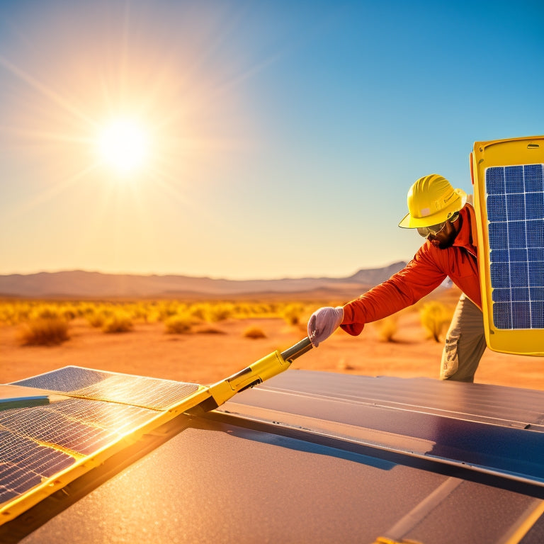 A close-up of a person in a yellow vest and gloves, holding a soft-bristled brush, cleaning a solar panel on a truck's roof, with a sunny desert landscape in the blurred background.