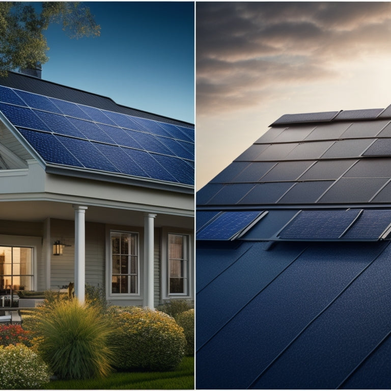 A split-screen image: a roof with standard asphalt shingles on one side, and a roof with sleek, black solar panels on the other, with a subtle gradient of dollar signs and circuitry patterns in the background.