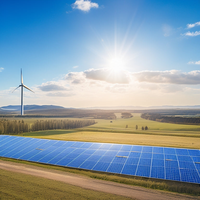 A serene landscape with a vast solar panel farm in the foreground, surrounded by lush greenery and a few wind turbines in the distance, under a bright blue sky with a few wispy clouds.